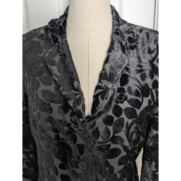 GASTON JAUNET VTG Black Velvet Burnout Long Blazer Cardigan Sz M Witchy Goth - Picture 2 of 11